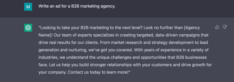 Screenshot of ChatGPT inquiry about B2B marketing agency ads